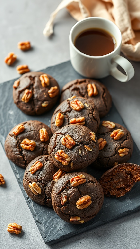 Espresso Brownie Cookies with Walnuts on a slate board next to a cup of coffee.