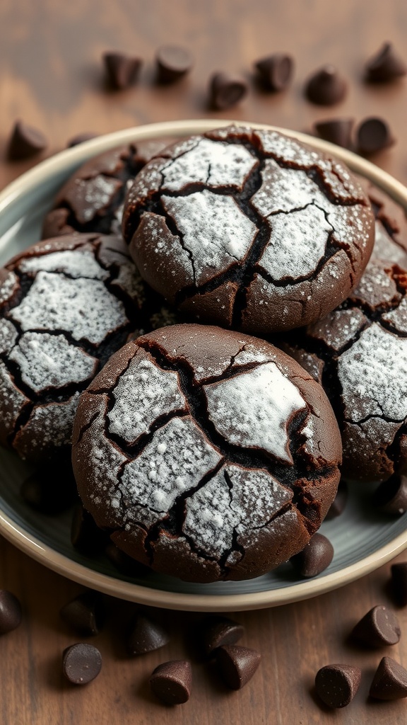 A plate of fudgy chocolate brownie cookies dusted with powdered sugar, surrounded by chocolate chips.