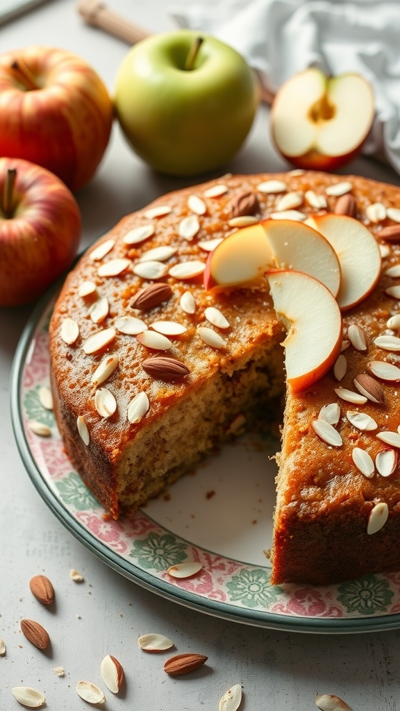 A delicious gluten-free apple almond cake topped with sliced apples and almonds, surrounded by fresh apples.