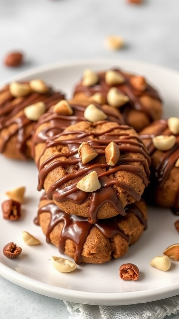 Plate of hazelnut brownie cookies drizzled with Nutella and topped with chopped hazelnuts.