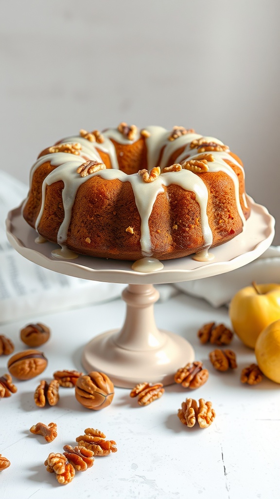 A beautifully decorated Honeycrisp apple and walnut cake on a cake stand, surrounded by walnuts and apples.