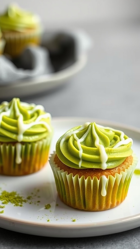 Matcha green tea mini cupcakes topped with white chocolate drizzle on a plate