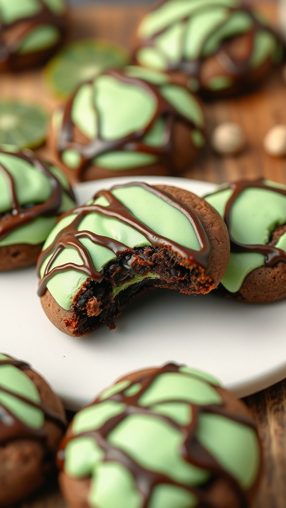 Mint Chocolate Brownie Cookies on a decorative plate, topped with mint frosting and garnished with mint leaves.