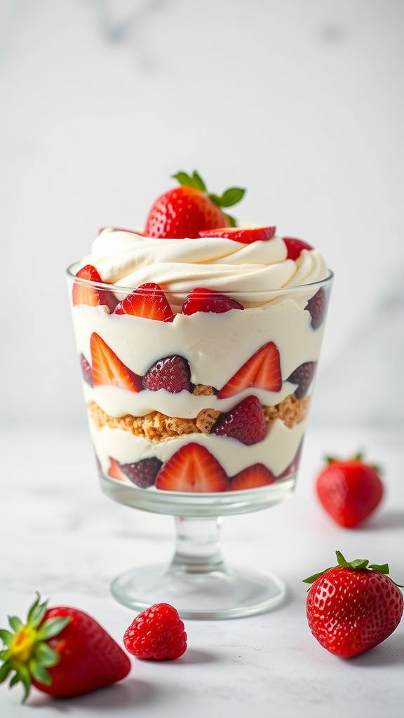 A beautiful no-bake strawberry tiramisu layered with strawberries and cream in a glass dish.