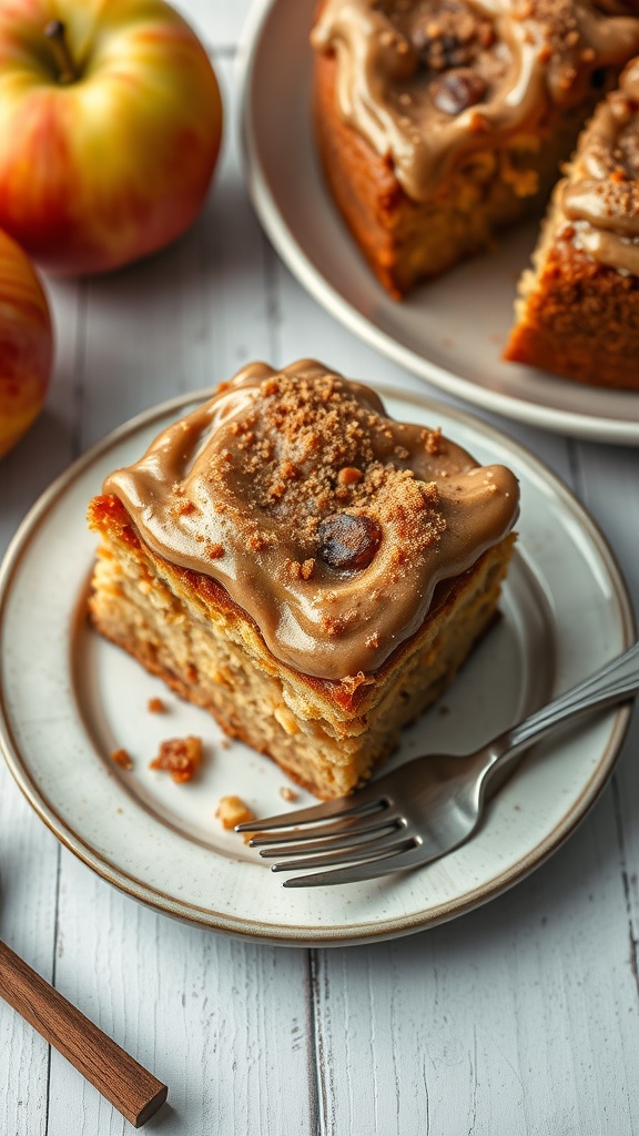 A slice of Old-Fashioned Apple Cake with Brown Sugar Frosting on a plate, surrounded by fresh apples.