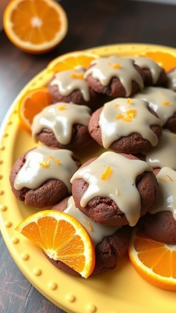 A plate of Orange Zest Brownie Cookies with a sweet glaze and orange zest on top.