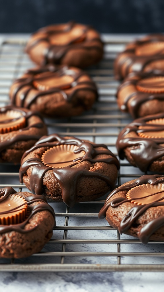 Peanut Butter Cup Brownie Cookies on a cooling rack