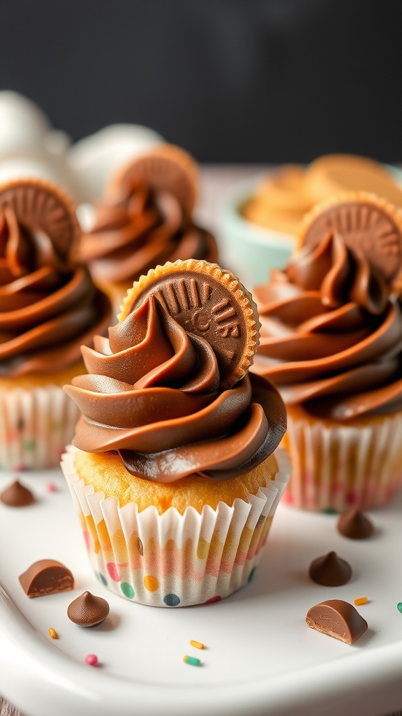 Mini cupcakes topped with chocolate frosting and a mini peanut butter cup