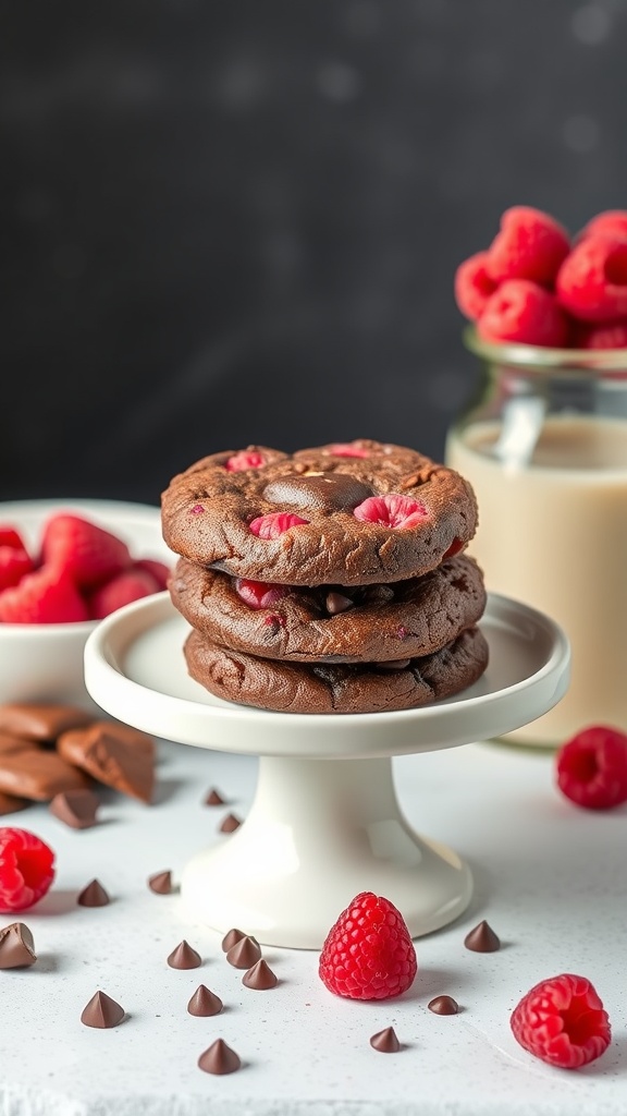 Delicious raspberry chocolate brownie cookies stacked on a plate with fresh raspberries and chocolate chips around.