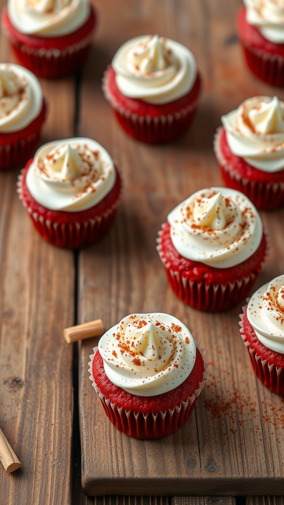 Red velvet mini cupcakes with cream cheese frosting on a wooden table.