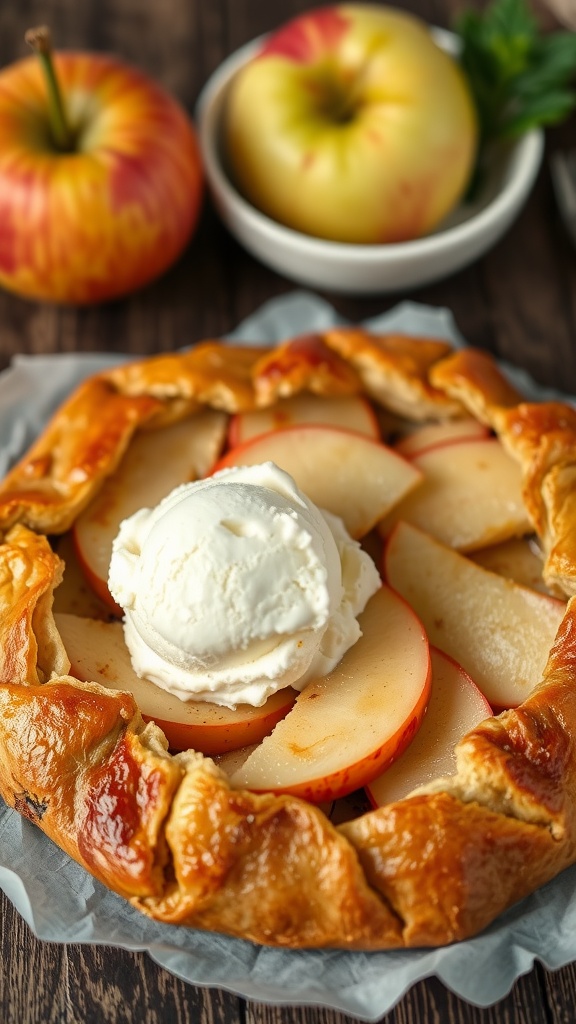 A rustic apple galette topped with ice cream, surrounded by fresh apples and greenery.