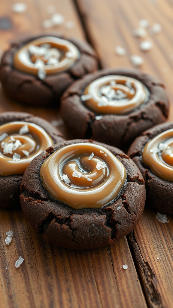 Delicious salted caramel swirl brownie cookies on a wooden surface