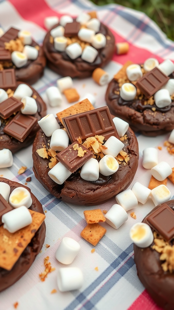 Delicious S'mores Brownie Cookies topped with chocolate, marshmallows, and graham crackers.