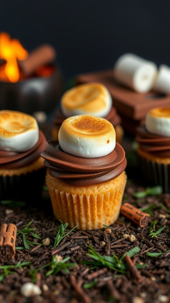 S'mores mini cupcakes topped with toasted marshmallow frosting and chocolate
