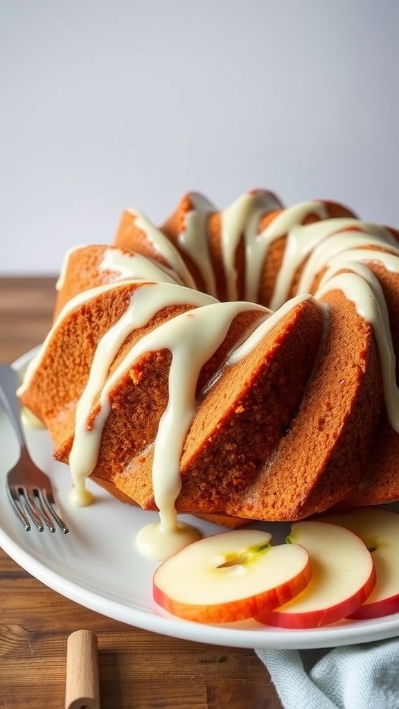 A spiced apple bundt cake drizzled with cream cheese glaze, garnished with apple slices.