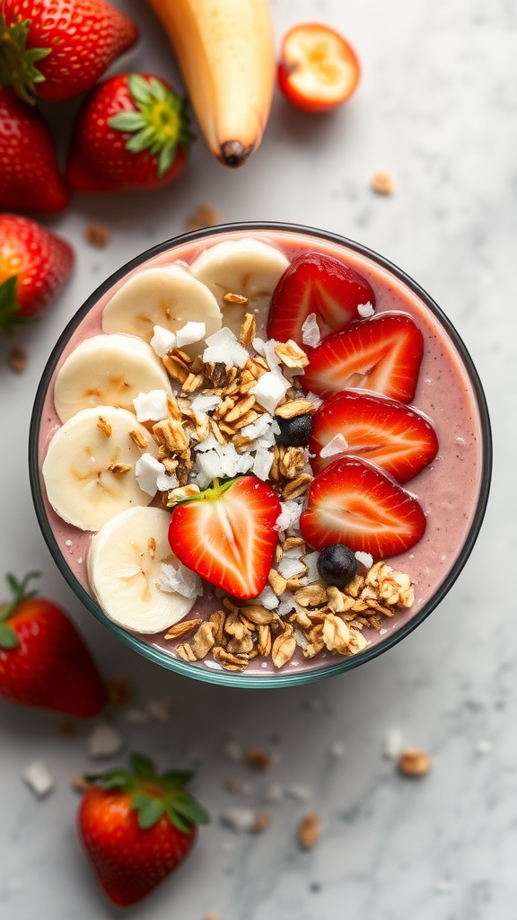 A colorful strawberry banana smoothie bowl topped with granola, fresh strawberries, banana slices, and mint leaves.