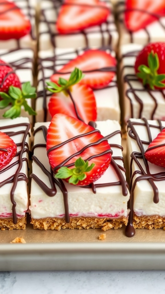 Delicious strawberry cheesecake bars topped with fresh strawberries and chocolate drizzle.