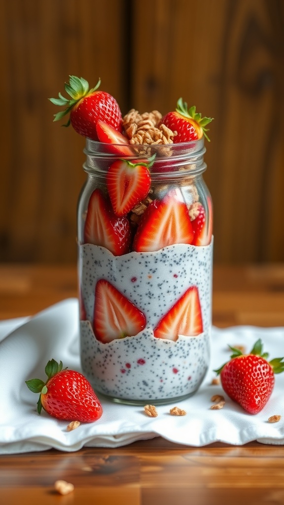 A jar of strawberry chia seed pudding topped with fresh strawberries and granola.