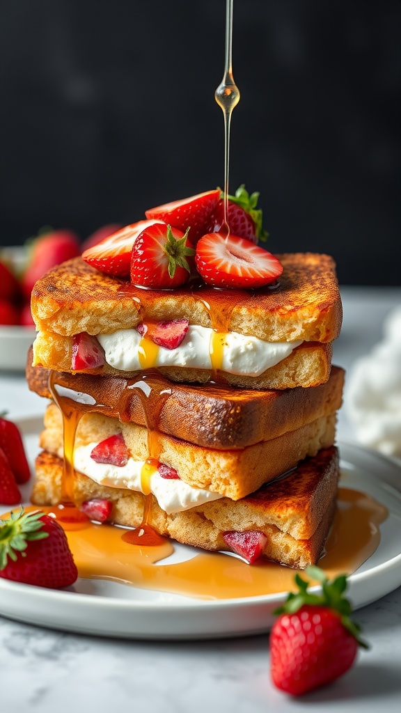 A stack of Strawberry Cream Cheese Stuffed French Toast topped with fresh strawberries and syrup.