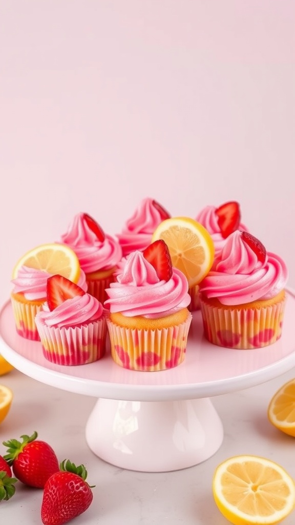 Strawberry Lemonade Cupcakes on a white cake stand with fresh strawberries and lemon slices around.