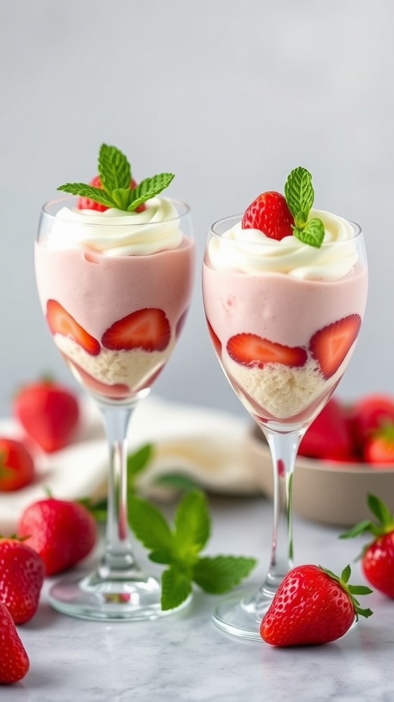 Strawberry mousse parfaits in elegant glasses topped with fresh strawberries and mint leaves.