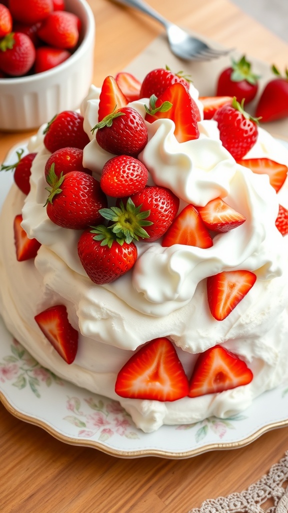 A beautiful Strawberry Pavlova topped with fresh cream and strawberries on a plate.