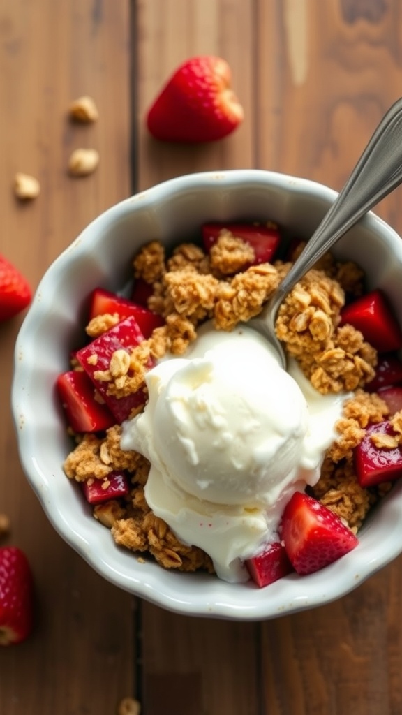 A bowl of strawberry rhubarb crisp topped with ice cream, surrounded by fresh strawberries.