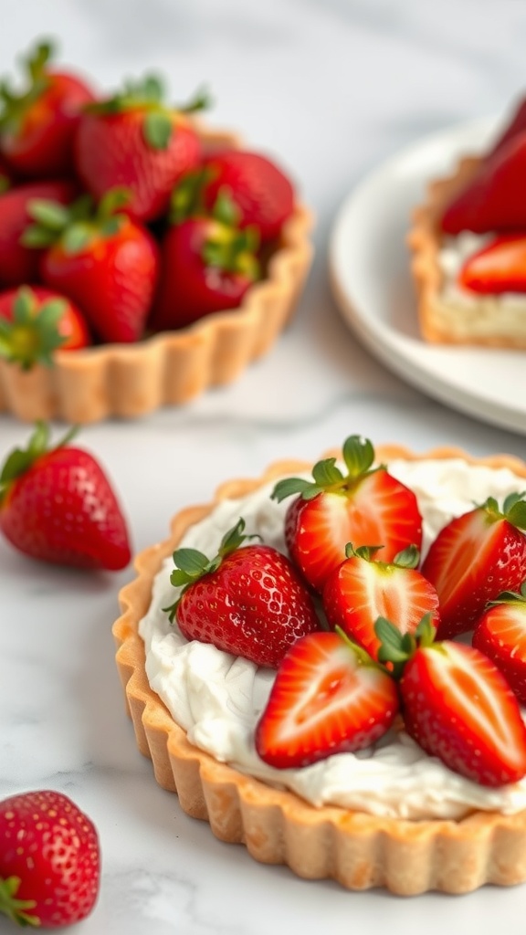 A beautifully arranged strawberry tart with almond cream on a wooden table.
